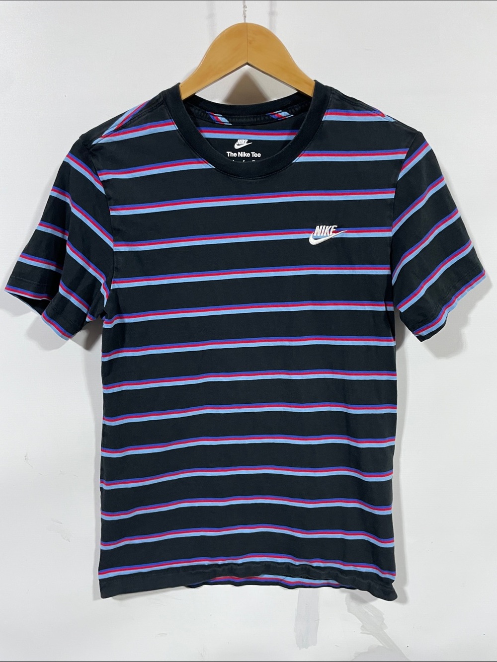 Nike Black Short-Sleeve Crew Tee with Purple and Blue Stripes